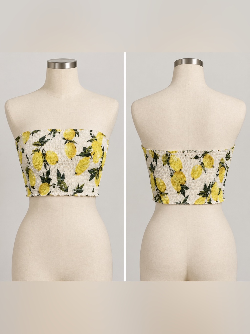 Smocked White Bandeau Top with Yellow Lemon Print